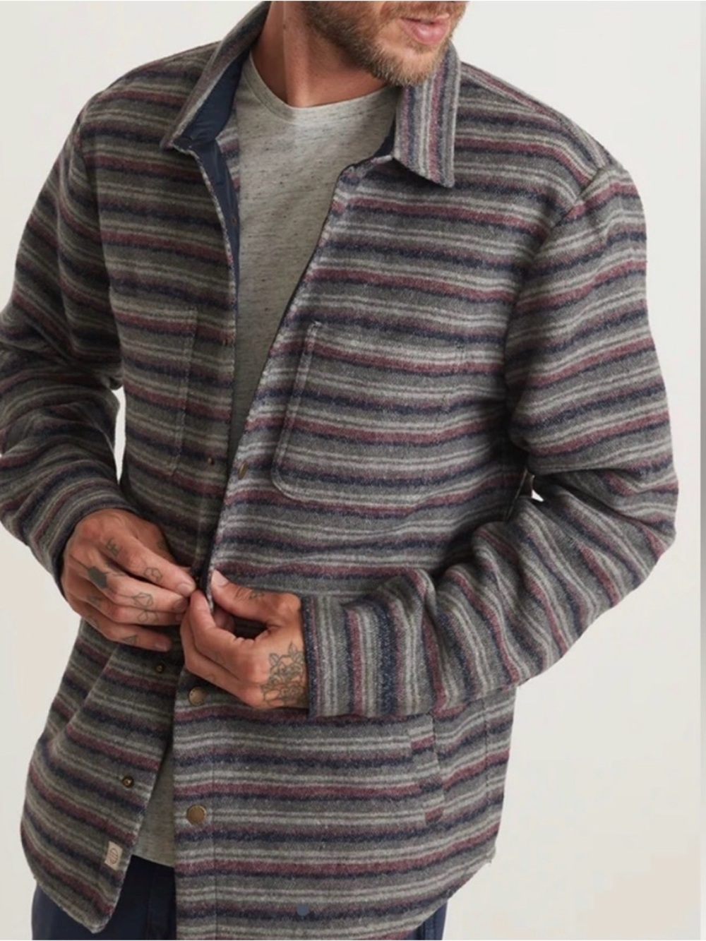 SOLD Marine Layer Re-Spun Striped Snap Shacket Gray Tulipwood Size L